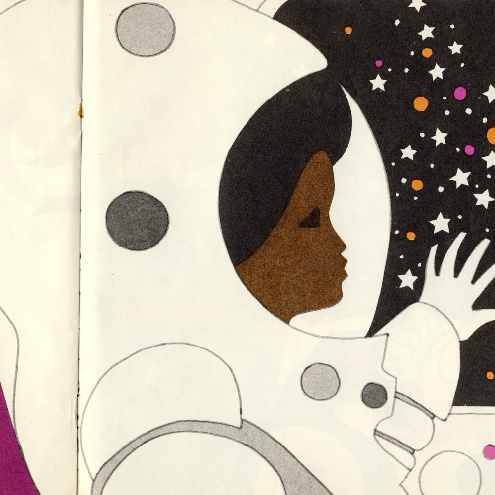 Illustration of a young black girl in a space suit looking out at a galaxy of stars from inside a space shuttle