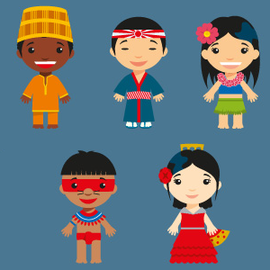 cartoon-like graphic of children from various nations and peoples in stereotypical dress